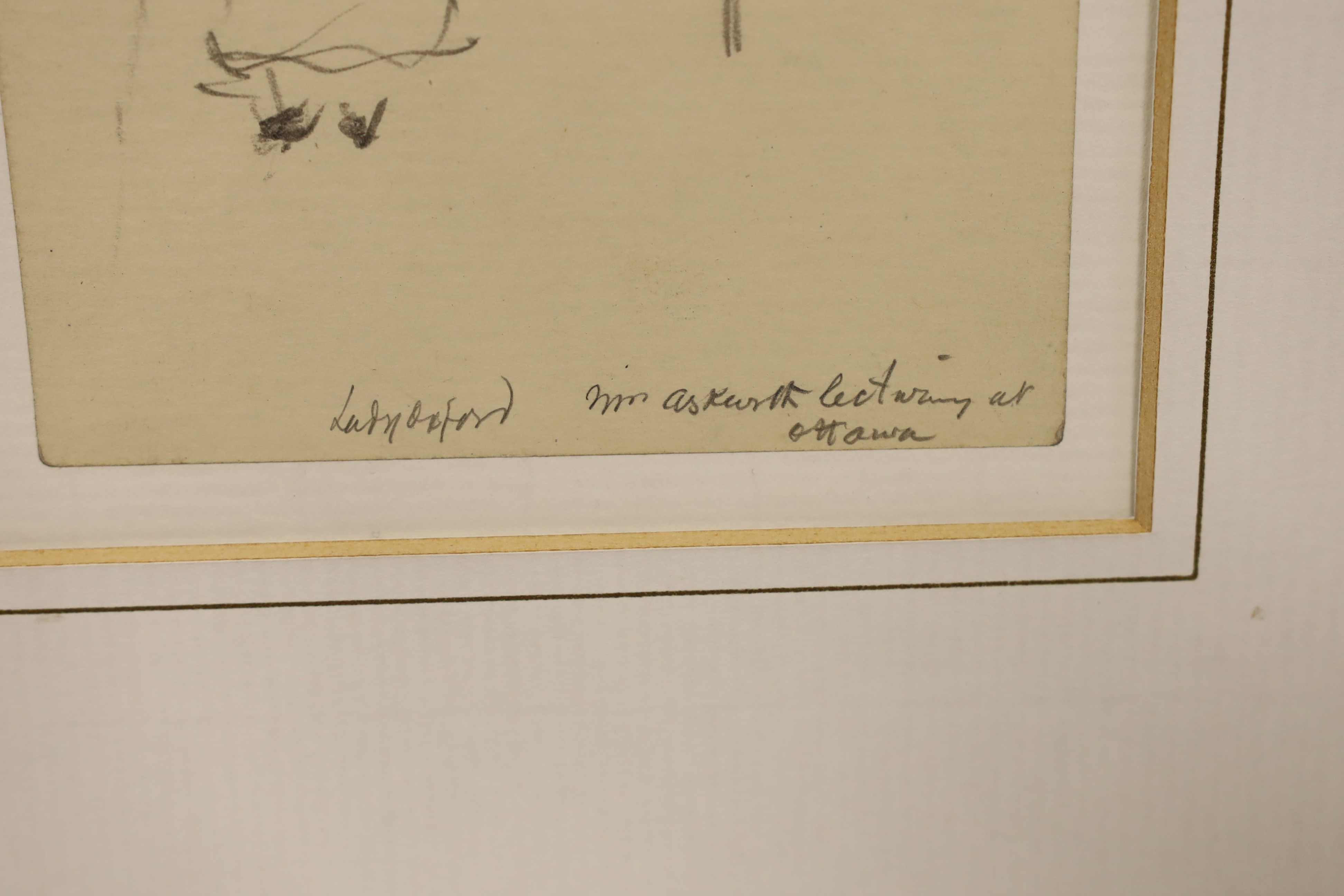 Frederick Samuel Beaumont (British, 1861-1954), pencil drawing, 'Lady Oxford, Mrs Askwith (sic) lecturing at Ottawa', exhibition label verso, 19 x 12.5cm.